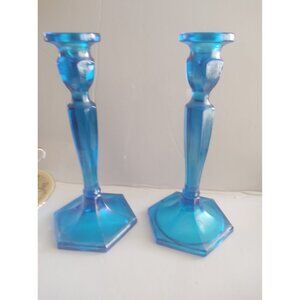 Vintage Fenton Celeste Blue Stretch Glass Candle holders(2) Model 449